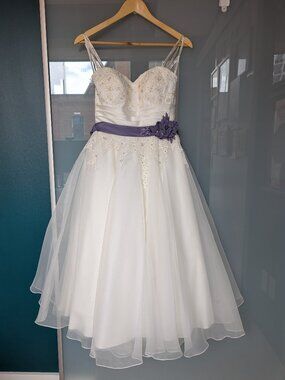 Ivory and Dusty Purple Tea-Length A-Line Wedding Dress, Sz 4